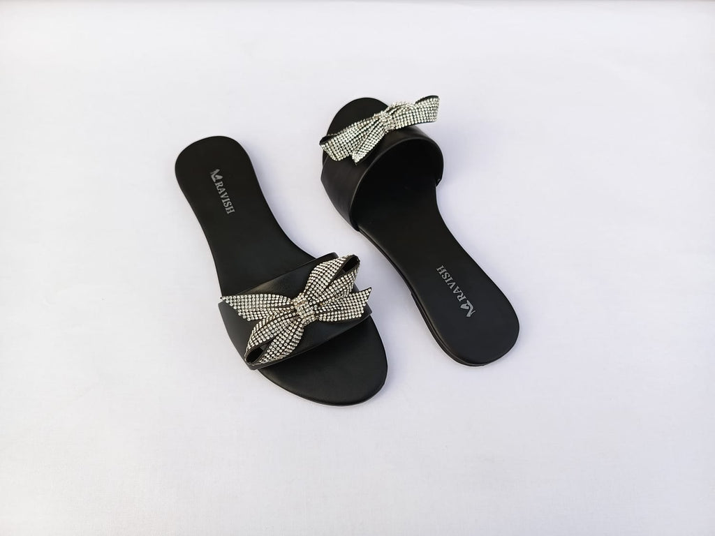 Zeeboon Black Bow Transparent Strap Flats for Ladies