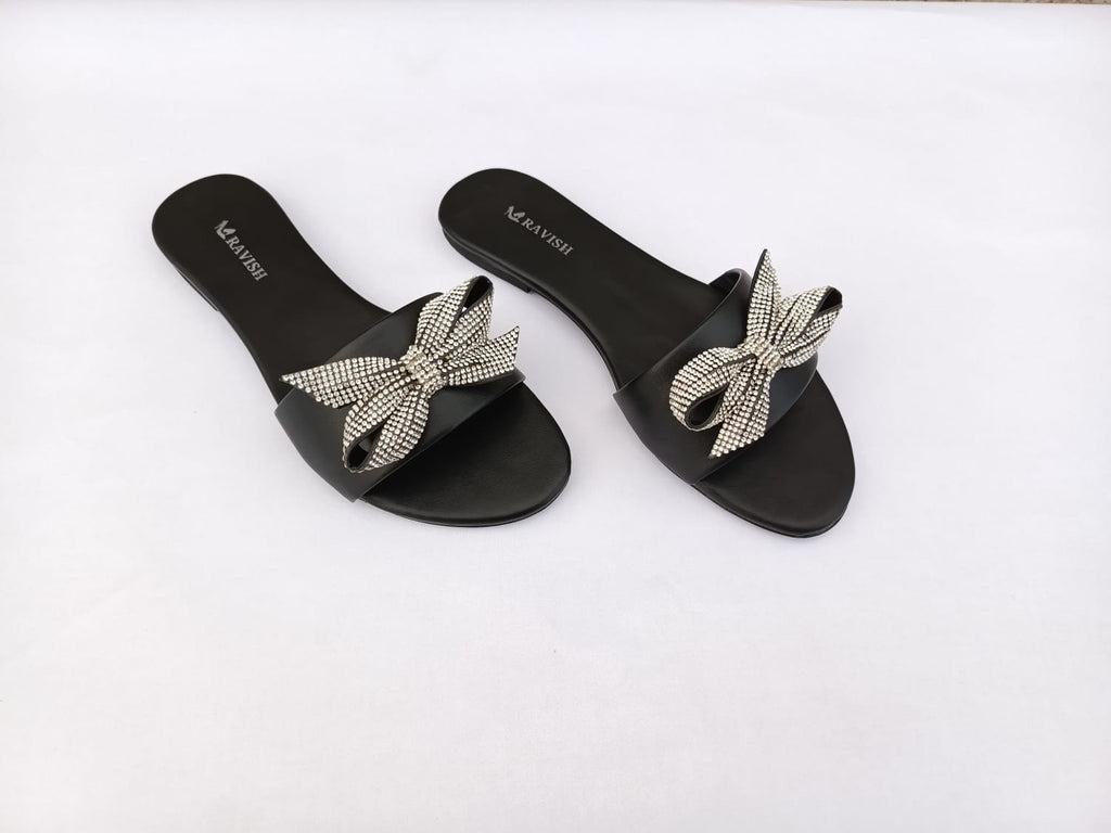 Zeeboon Black Bow Transparent Strap Flats for Ladies