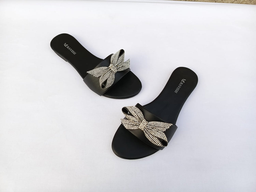 Zeeboon Black Bow Transparent Strap Flats for Ladies