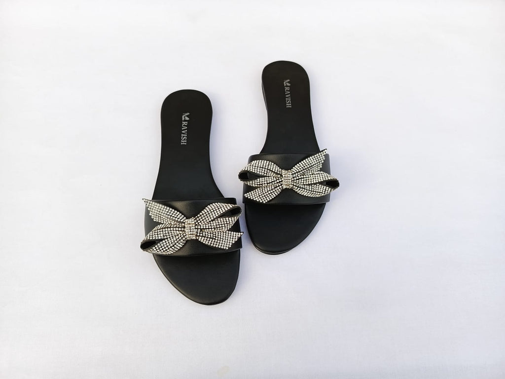 Zeeboon Black Bow Transparent Strap Flats for Ladies